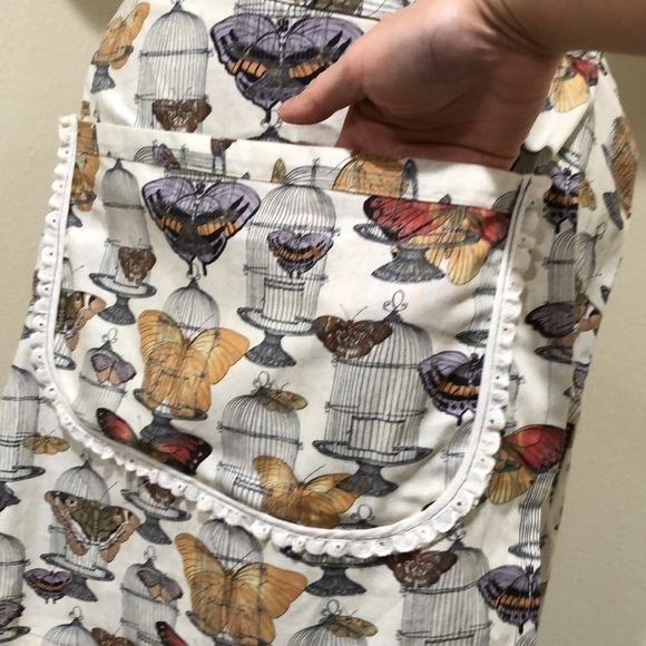 Vintage Apron Dress Size Small Cream Butterfly Bird Cage Print - Picture 3 of 9